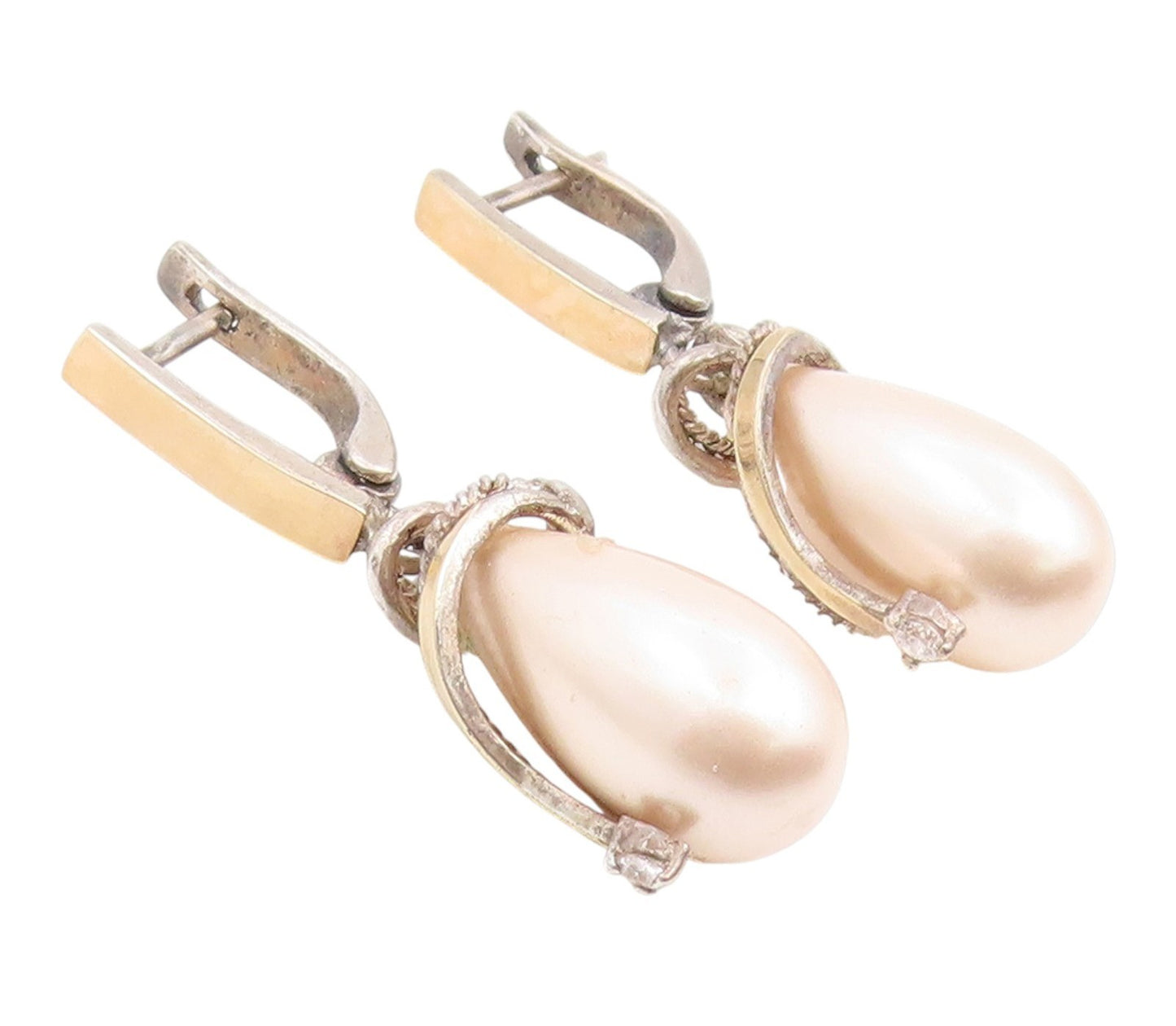 14k Gold & 925 Sterling Silver Vintage Earrings Pink Pearl & CZ Drop  EG14220