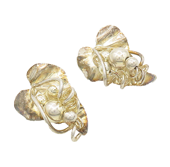LADDA BIHLER 925 Silver  Vintage Shiny Floral Leaf Motif Drop Earrings  EG9146