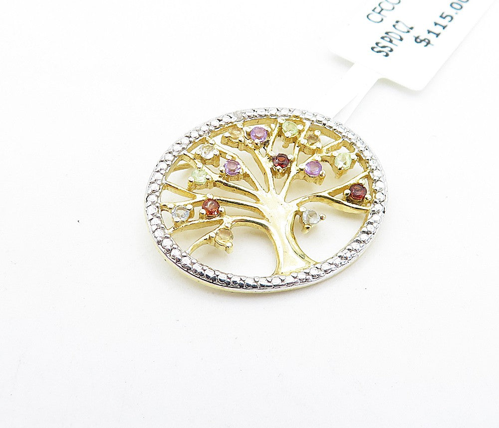 925 Silver Multicolor Topaz & Genuine Diamond Tree Of Life Pendant  PT5090