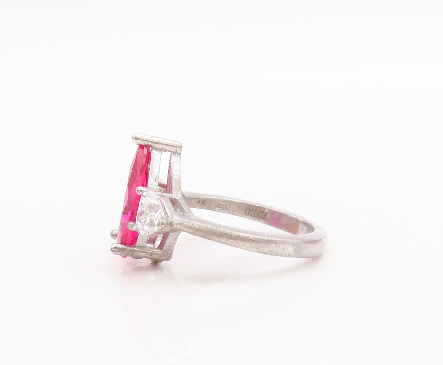 925 Sterling Silver Vintage Ring Drop Cut Pink & White Heart CZ  Sz 7  RG29606