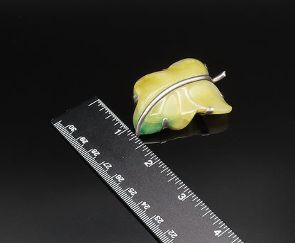 MEXICO 925 Sterling Silver Vintage Unique Yellow Jade Leaf Brooch Pin BP9891