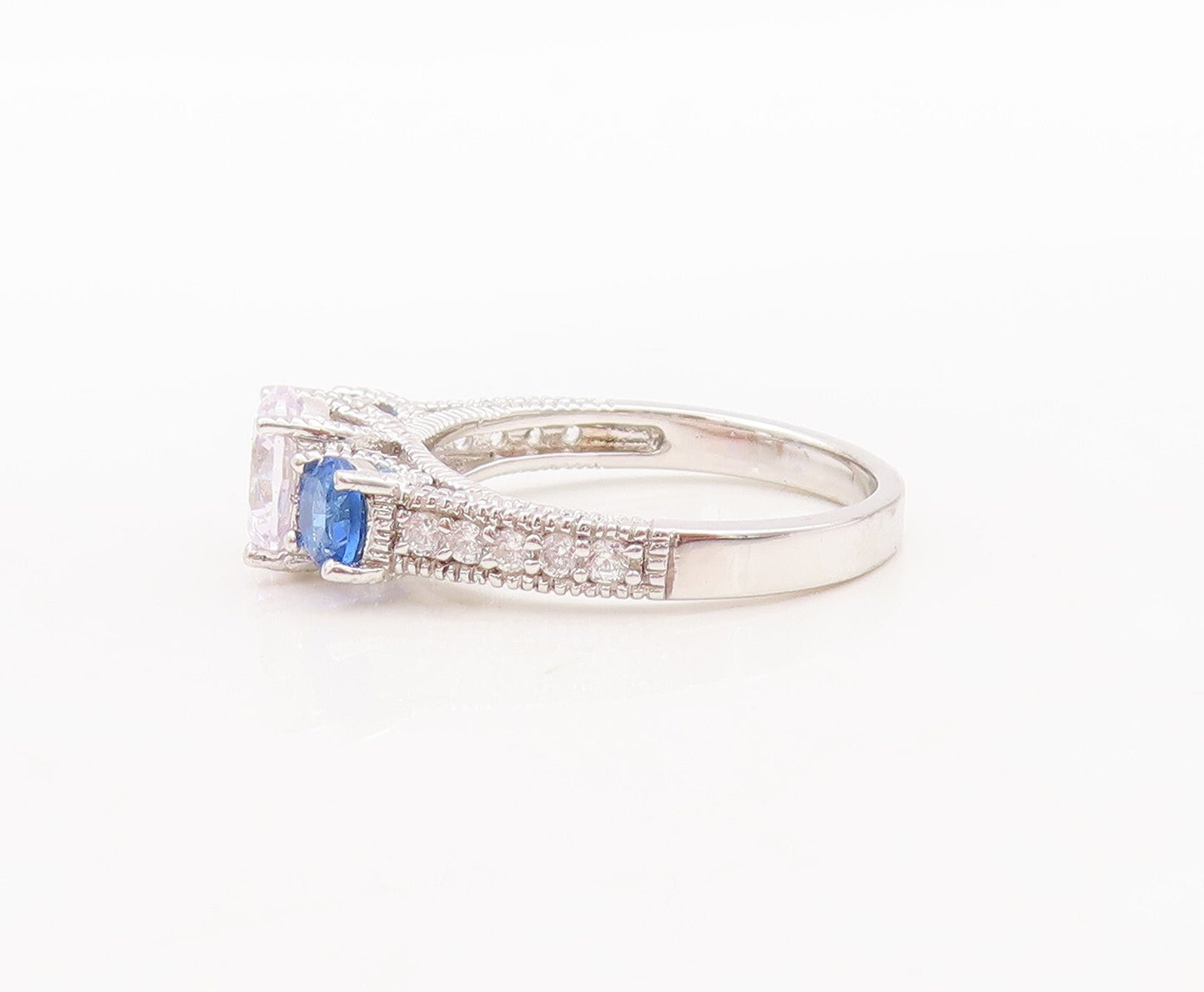 925 Sterling Silver Vintage Ring Round Sapphire & CZ Wedding Ring  Sz 7  RG29460