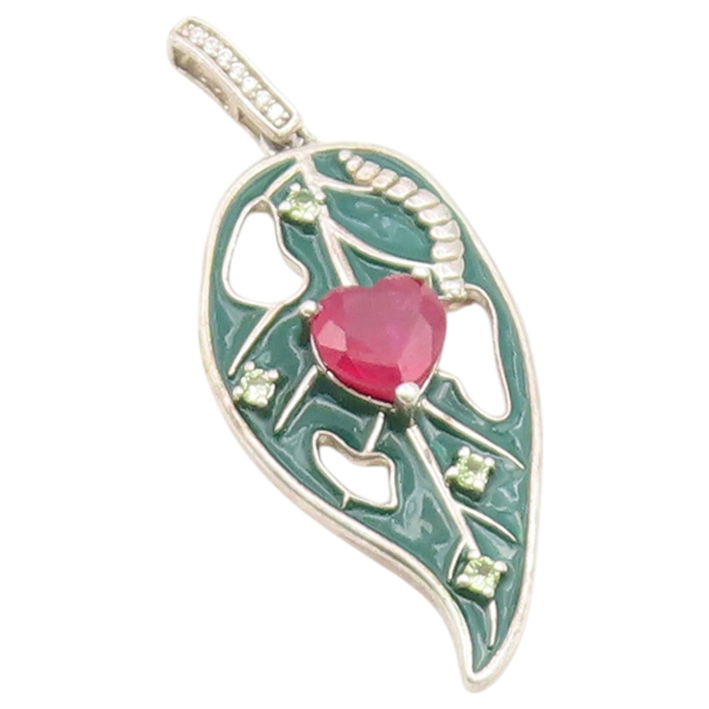 925 Sterling Silver Vintage Pendant Heart Ruby Enamel Leaf Cutout Charm  PT26561