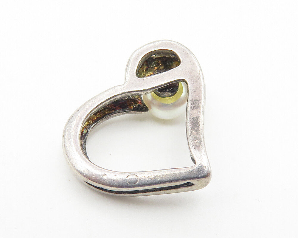 925 Sterling Silver  Vintage Petite Pearl Open Love Heart Pendant  PT8346