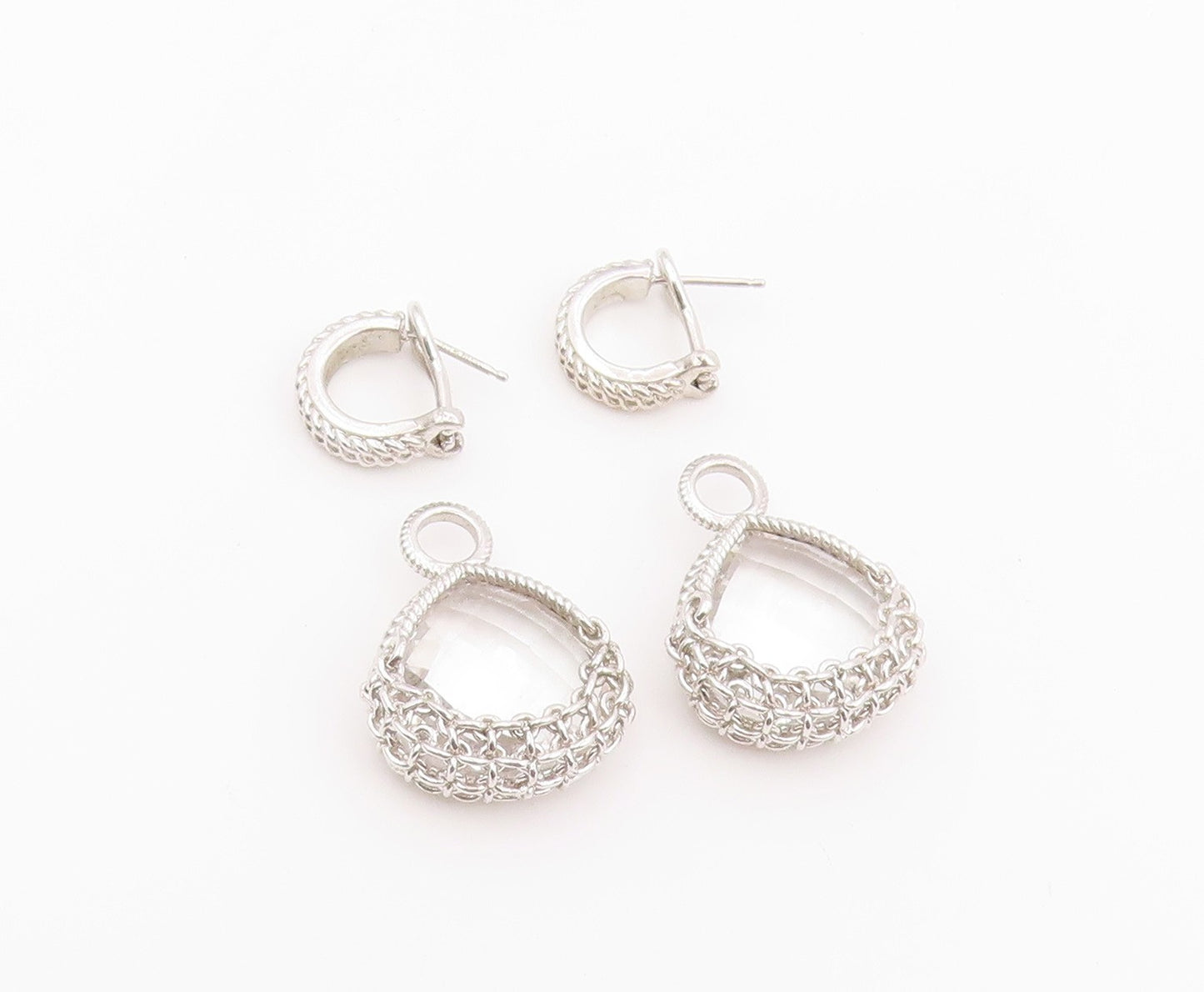 925 Sterling Silver Vintage Earrings Faceted Quartz Lattice Cage Drop  EG14452