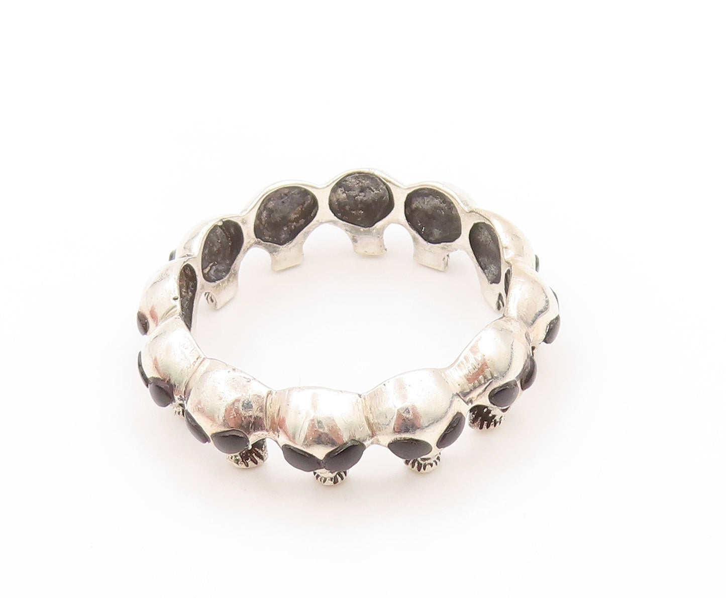 925 Sterling Silver Vintage Ring Onyx Eyed Alien Heads Cut Band Sz 14.5  RG32808