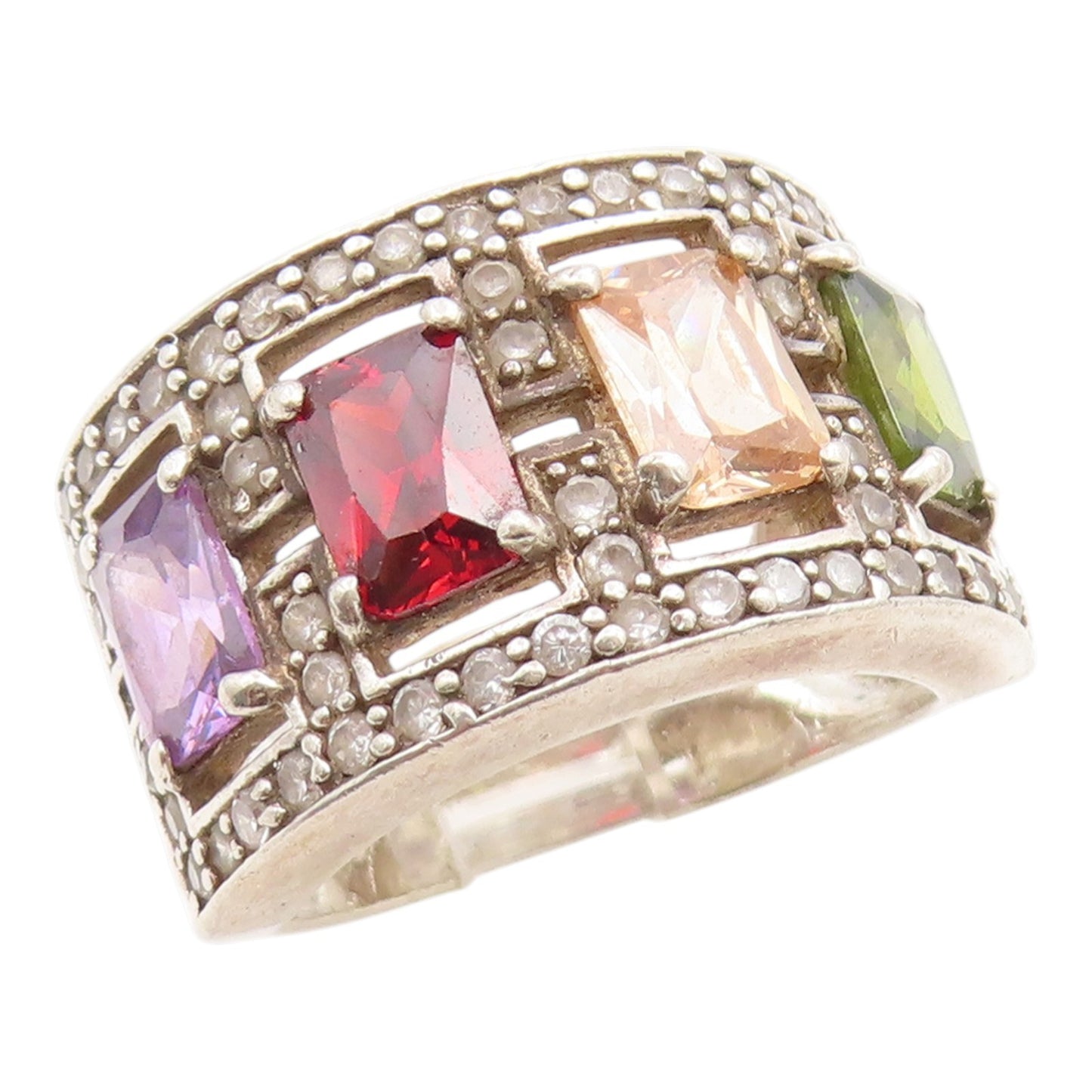 925 Sterling Silver Vintage Ring Multi Gemstone Statement Band  Sz 8.5  RG35841