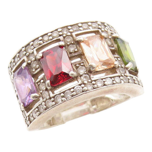 925 Sterling Silver Vintage Ring Multi Gemstone Statement Band  Sz 8.5  RG35841
