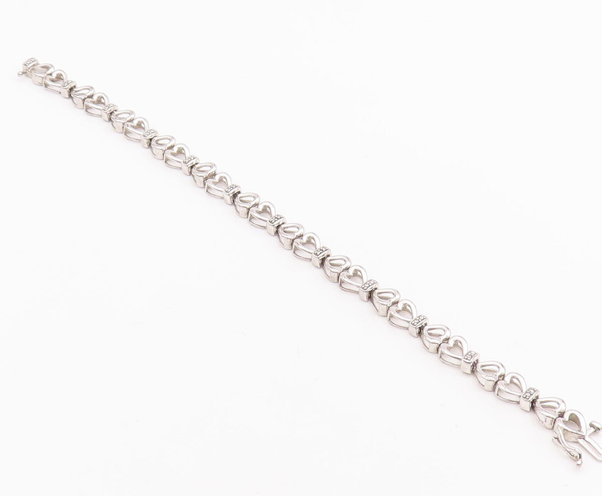 925 Sterling Silver Vintage Bracelet Cutout Real Diamonds Linked Hearts  BT10532