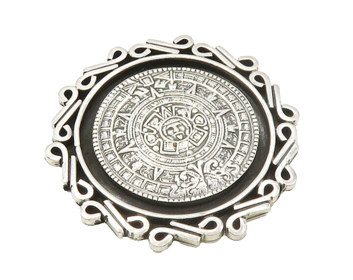 AVG TAXCO 925 Silver  Vintage Mayan Aztec Sun Calendar Brooch Pin  BP6939