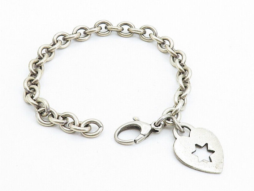 925 Sterling Silver  Vintage Star Cutout Heart Charmed Chain Bracelet  BT2857
