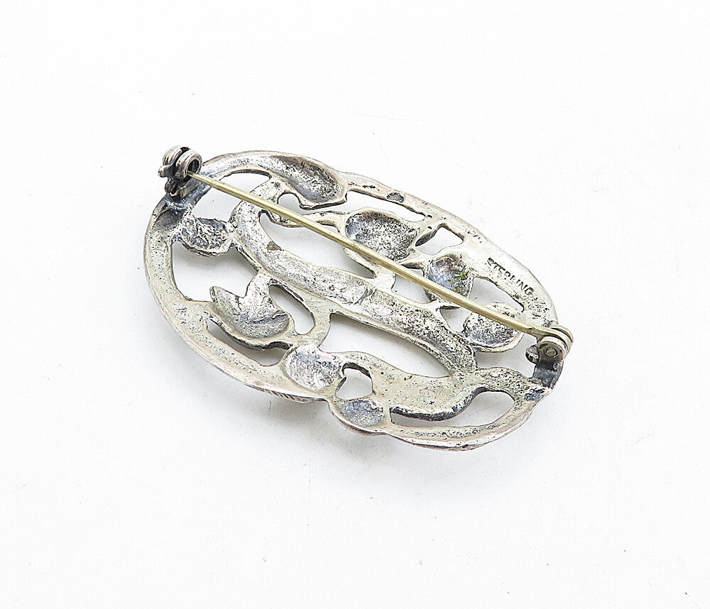 925 Sterling Silver  Vintage Antique Dark Tone Floral Vine Brooch Pin  BP1987