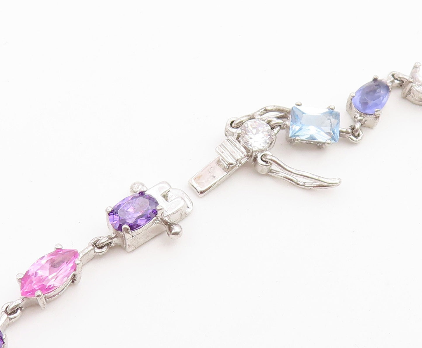 925 Sterling Silver Vintage Necklace Multi Gemstone Tennis Link Chain  NE4899