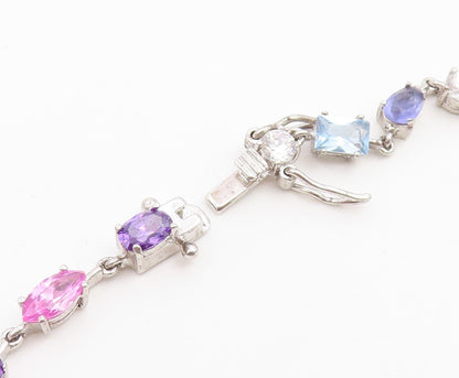 925 Sterling Silver Vintage Necklace Multi Gemstone Tennis Link Chain  NE4899
