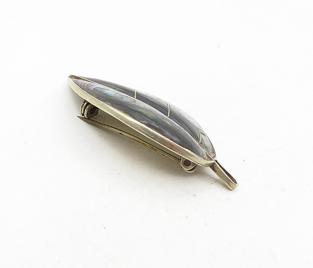 TMT MEXICO 925 Sterling Silver  Vintage Abalone Shell Leaf Brooch Pin  BP3403