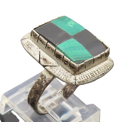 925 Silver  Vintage Onyx & Lapis Lazuli Grid box Rectangle Ring Sz 6  RG27090