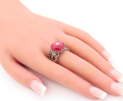 925 Sterling Silver Vintage Ring Swirly Carved Red Gemstone  Sz 8.5  RG29528