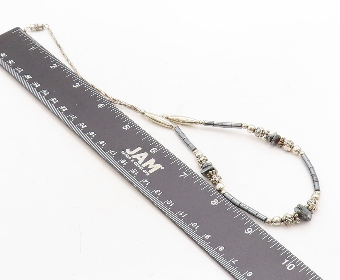 925 Sterling Silver  Vintage Hematite Beaded Pattern Chain Necklace  NE2269