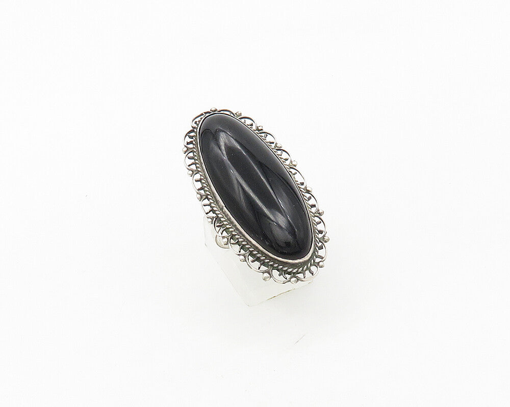 MEXICO 925 Sterling Silver Vintage Black Onyx Oblong Cocktail Ring Sz 8  RG17500