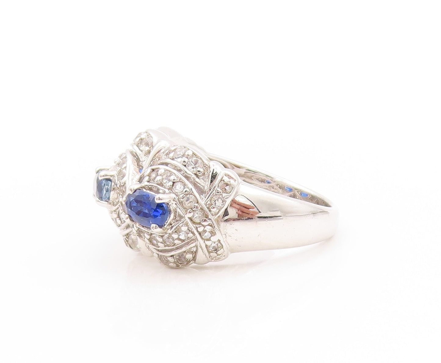 925 Sterling Silver Vintage Ring Oval Sapphire Halo Topaz Bands  Sz 6  RG32902