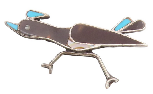 925 Sterling Silver Vintage Brooch NAVAJO ZUNI Onyx Larimar Running Bird BP11706
