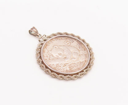 925 Sterling Silver Vintage Pendant Carved Panda Twisted Rope Border  PT22547