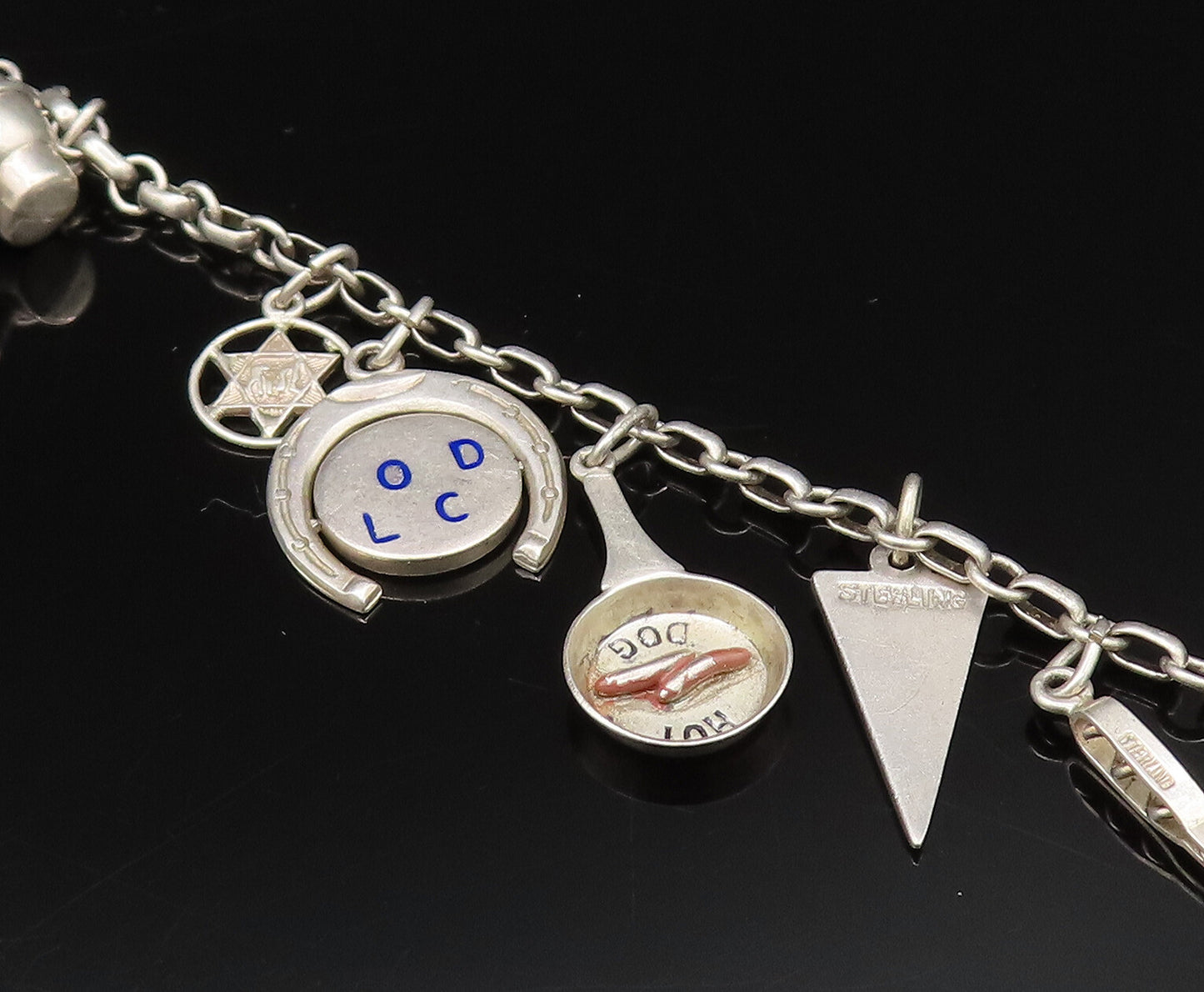 925 Silver  Vintage Hot Dog Pan Crystal Quartz & Multi Charm Bracelet  BT9667