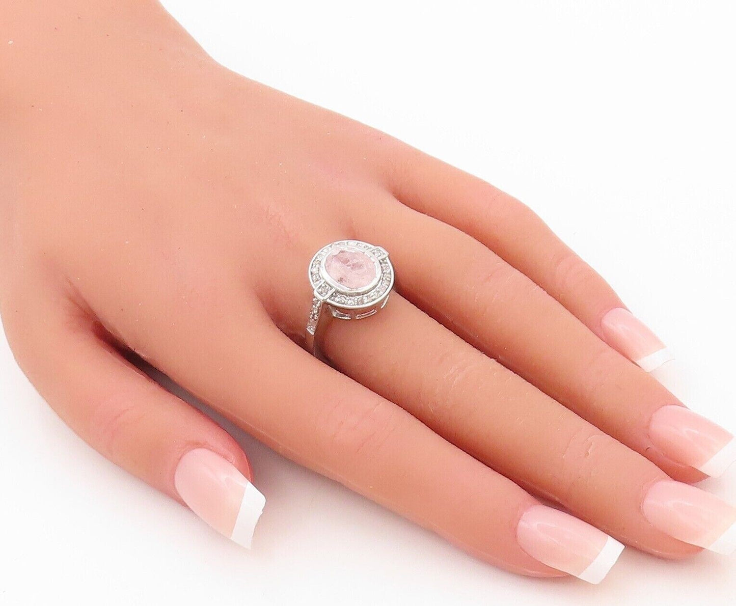 925 Sterling Silver Vintage Ring Oval Pink Gemstone Halo Diamonds  Sz 7  RG30179