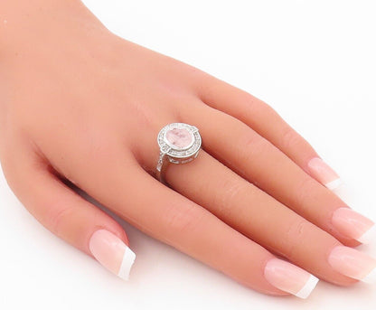 925 Sterling Silver Vintage Ring Oval Pink Gemstone Halo Diamonds  Sz 7  RG30179