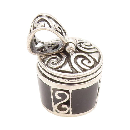 925 Sterling Silver Vintage Pendant Onyx Inlay Swirly Carved Box OPENS  PT24052