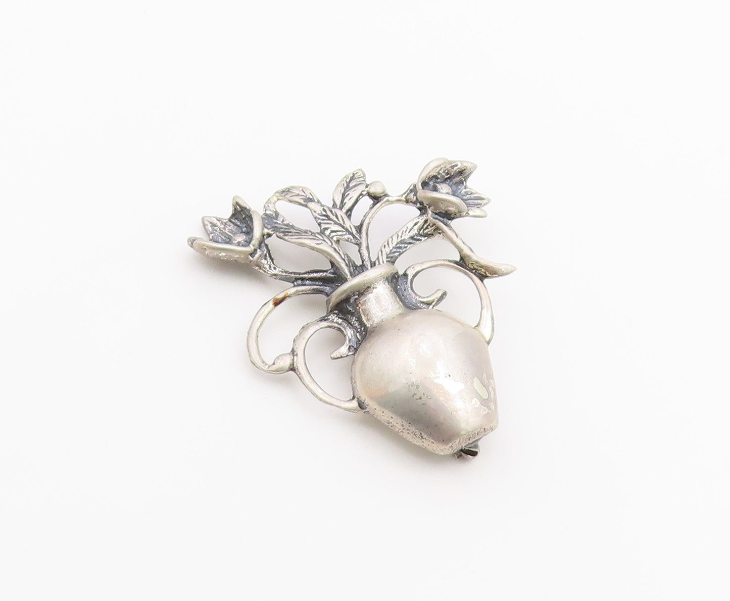 925 Sterling Silver  Vintage Oxidized Vase Of Flower Motif Brooch Pin  BP6324