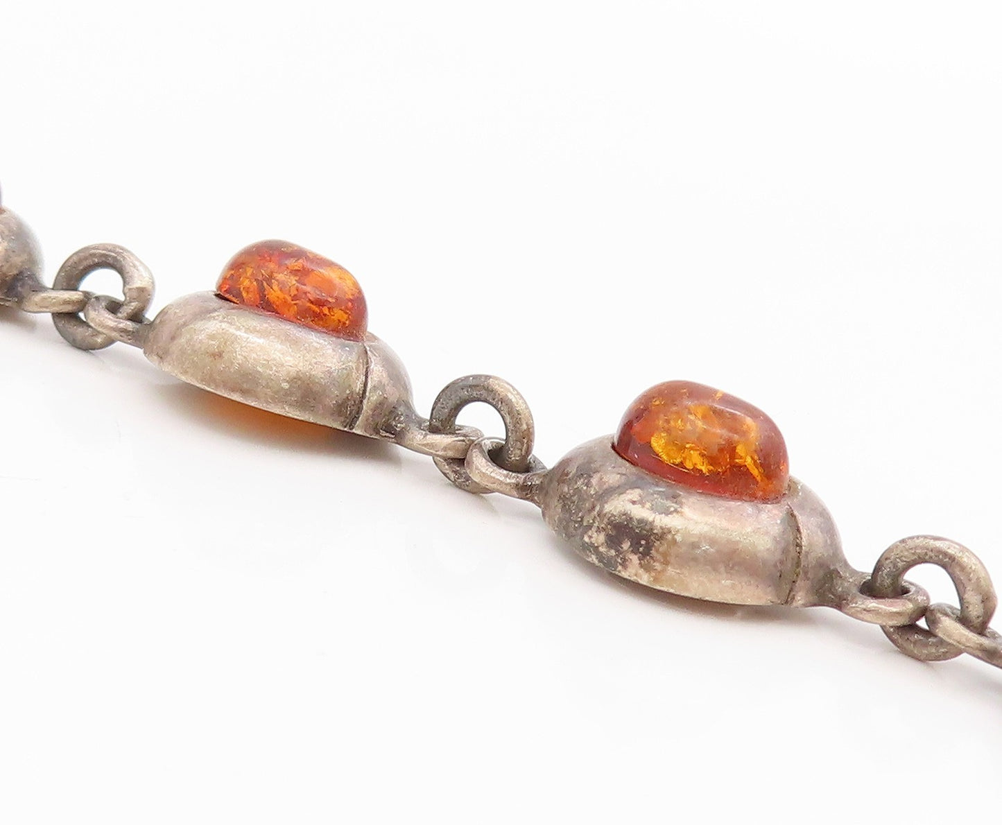 925 Sterling Silver Vintage Bracelet Cabochon Honey Amber Solid Link  BT11697
