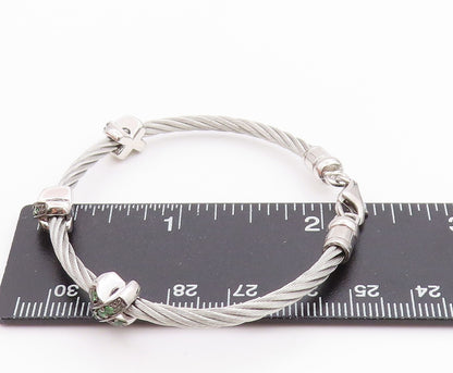 925 Sterling Silver Vintage Bracelet Roped Green CZ Inlay X Bangle  BT11300