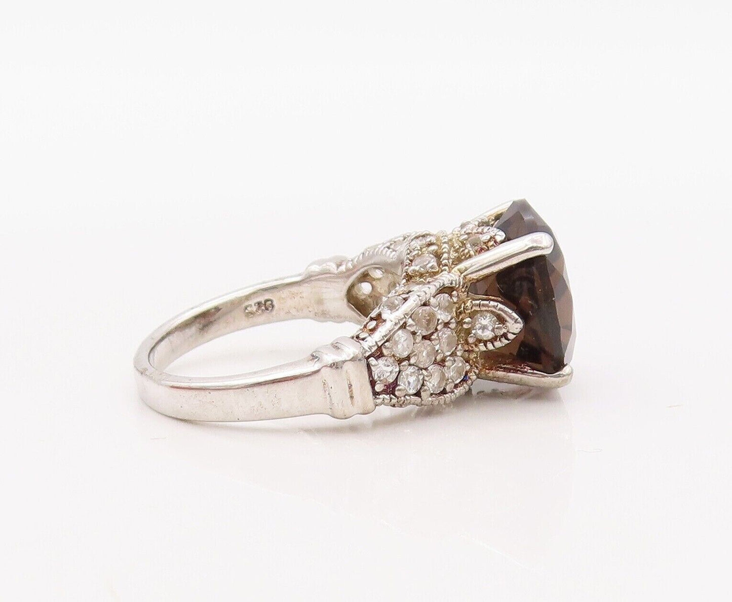 925 Sterling Silver Vintage Ring Round Smoky Quartz Carved Topaz  Sz 7  RG30185