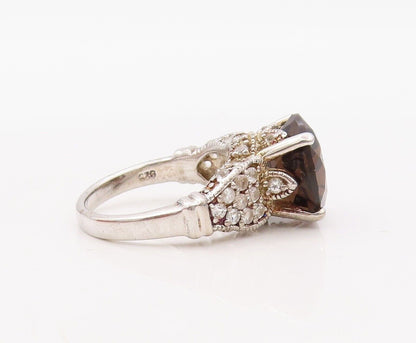 925 Sterling Silver Vintage Ring Round Smoky Quartz Carved Topaz  Sz 7  RG30185