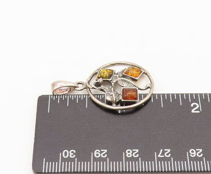POLAND 925 Sterling Silver  Vintage Floral Cutout Amber Round Pendant  PT22406