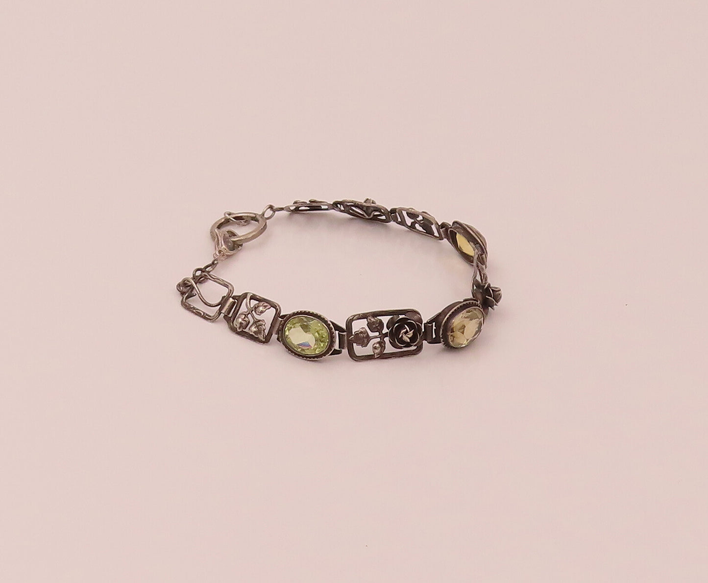 GERMANY 925 Silver  Vintage Rose & Leaf stencil Cutout Citrine Bracelet BT9839