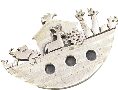 925 Sterling Silver  Vintage Noah's Arc Theme Religious Brooch Pin  BP6570