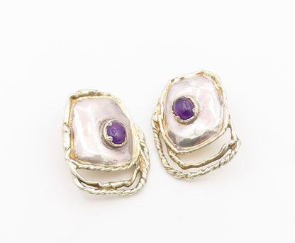 925 Sterling Silver Vintage Earrings Modernist Amethyst Twisted Cable  EG14437