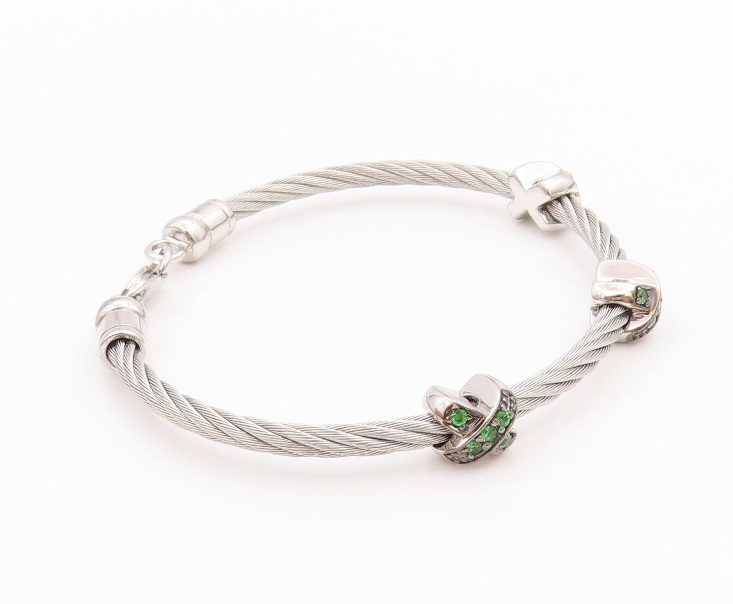925 Sterling Silver Vintage Bracelet Roped Green CZ Inlay X Bangle  BT11300