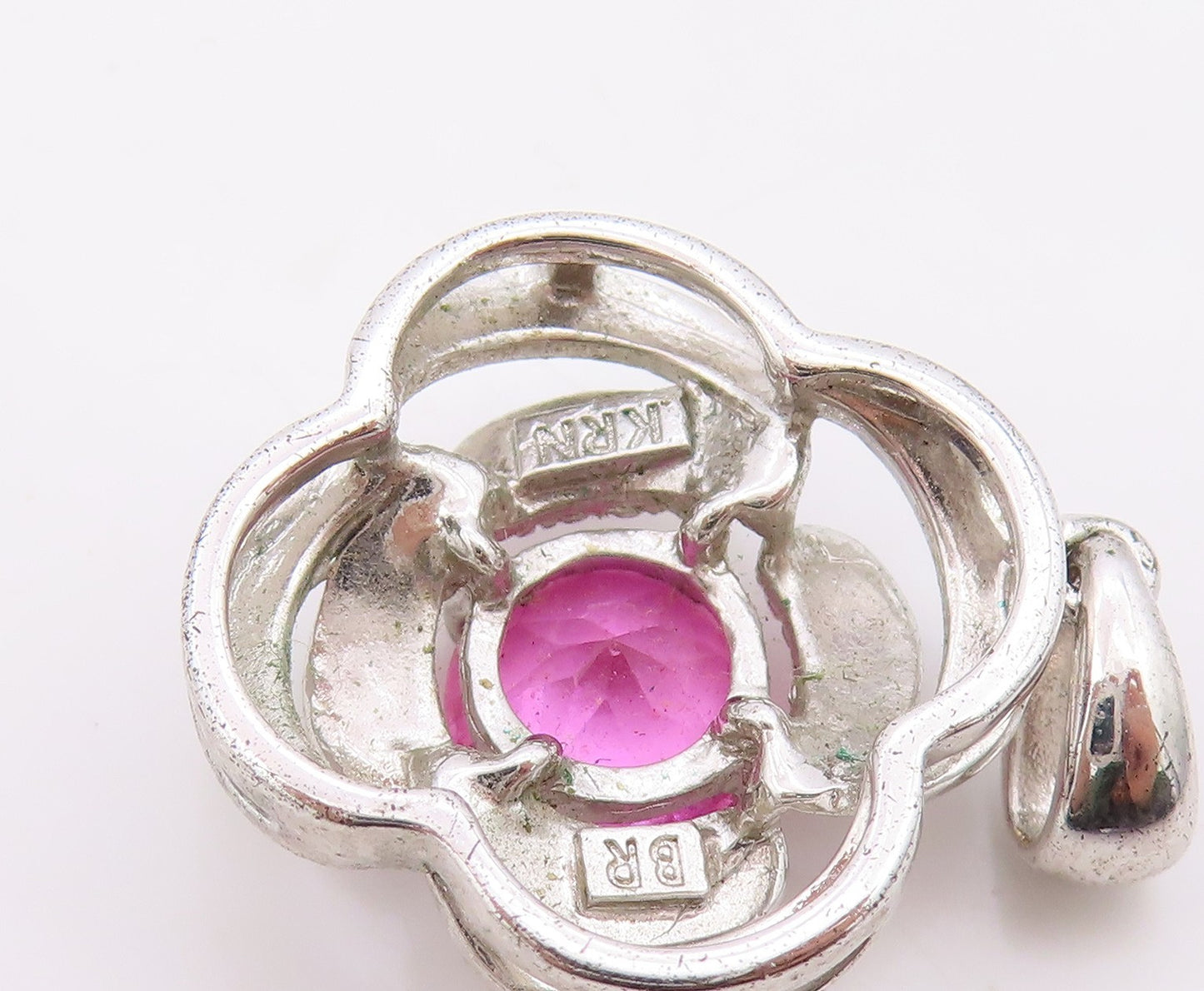 925 Sterling Silver Vintage Pendant Modernist Pink Topaz Floral Charm  PT26328