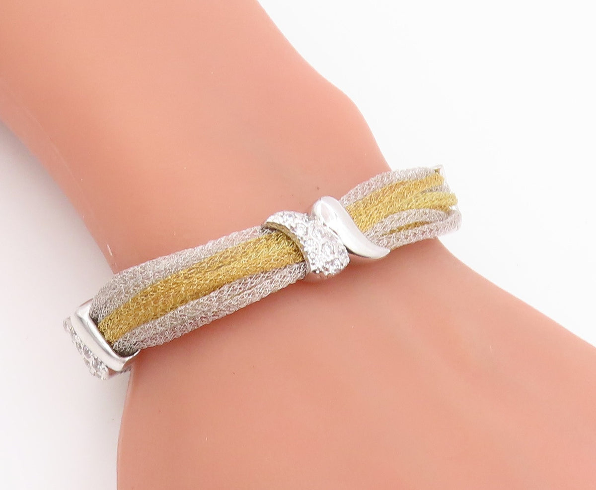 925 Sterling Silver Vintage Bracelet Elegant CZ Two Tone Mesh Chain  BT11980