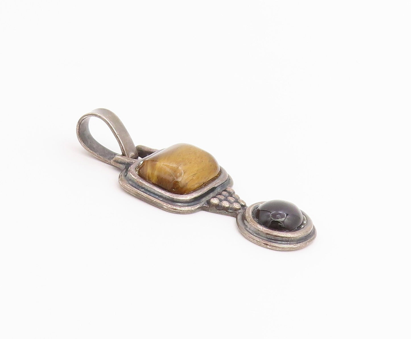 925 Sterling Silver Vintage Pendant Tiger's Eye & Black Onyx Charm  PT26536