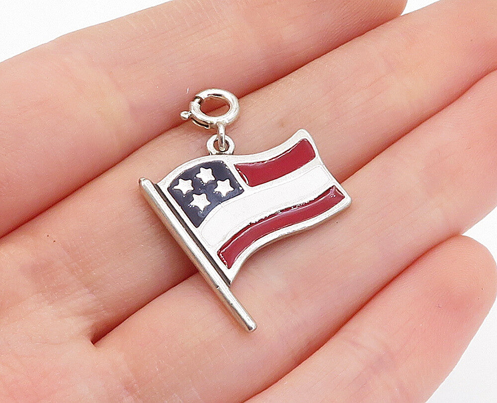 925 Sterling Silver  Vintage Enamel Coated Waving Flag Drop Pendant  PT2648