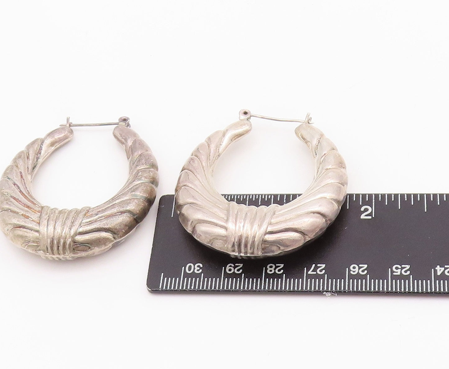 925 Sterling Silver Vintage Earrings Designer Puffed Grooved Hoops  EG13661