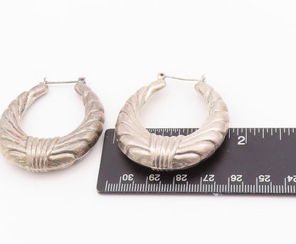925 Sterling Silver Vintage Earrings Designer Puffed Grooved Hoops  EG13661