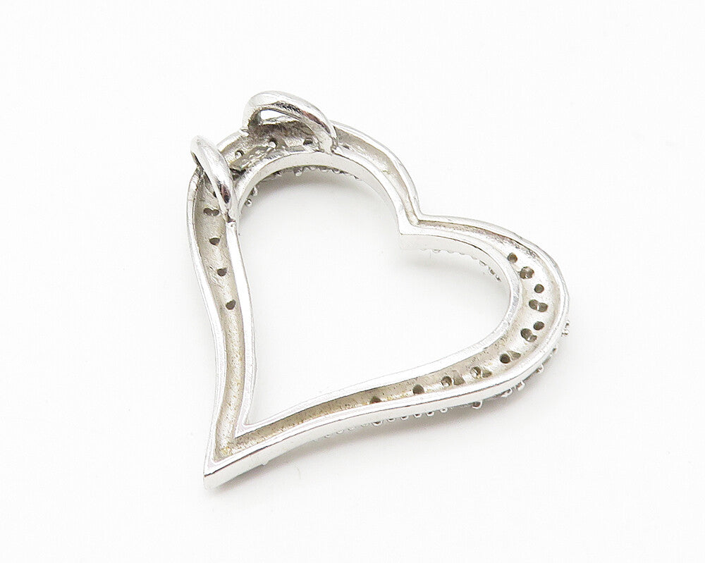 925 Sterling Silver  Vintage White Topaz Shiny Open Love Heart Pendant  PT8625