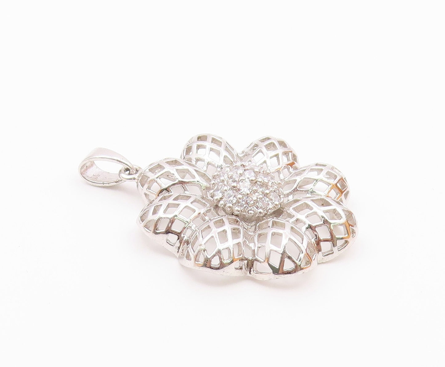 925 Sterling Silver  Vintage Cubic Zirconia Flower Motif Pendant  PT18977