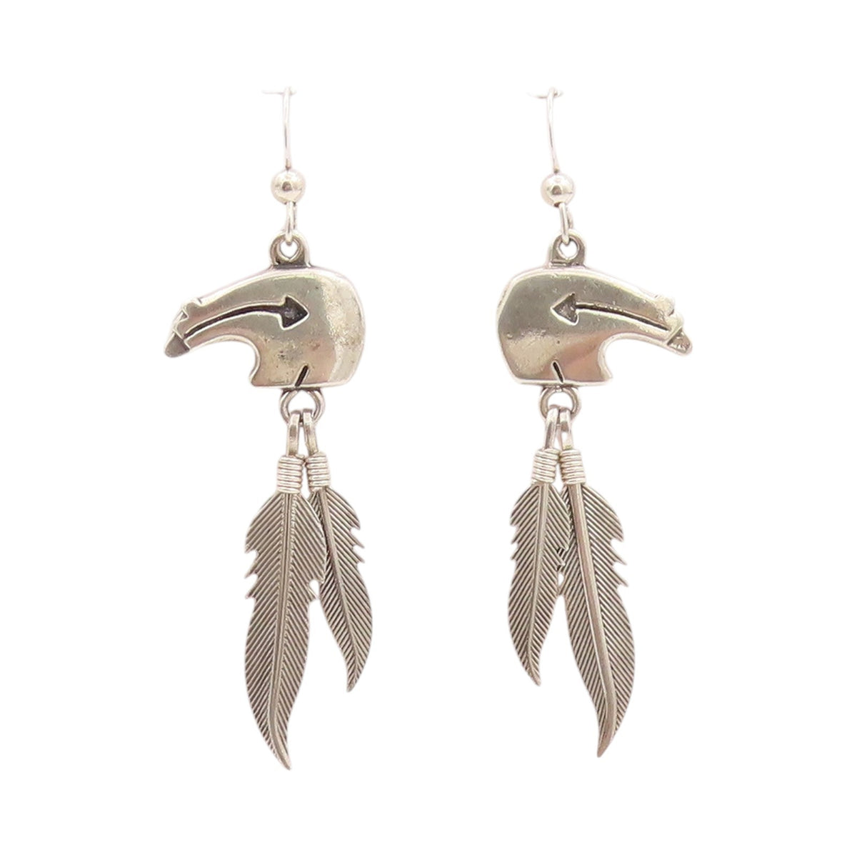 925 Sterling Silver Vintage Earrings SOUTHWESTERN Bear Dangling Feathers EG13531