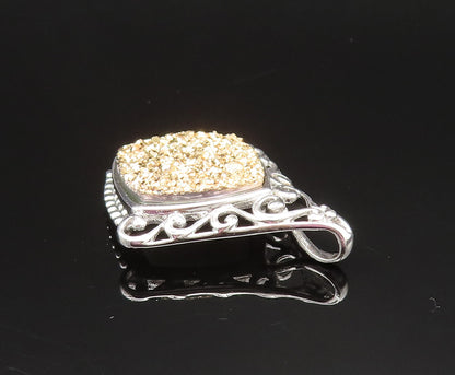925 Sterling Silver  Vintage Open Scroll Edge Drusy Quartz Pendant  PT20994